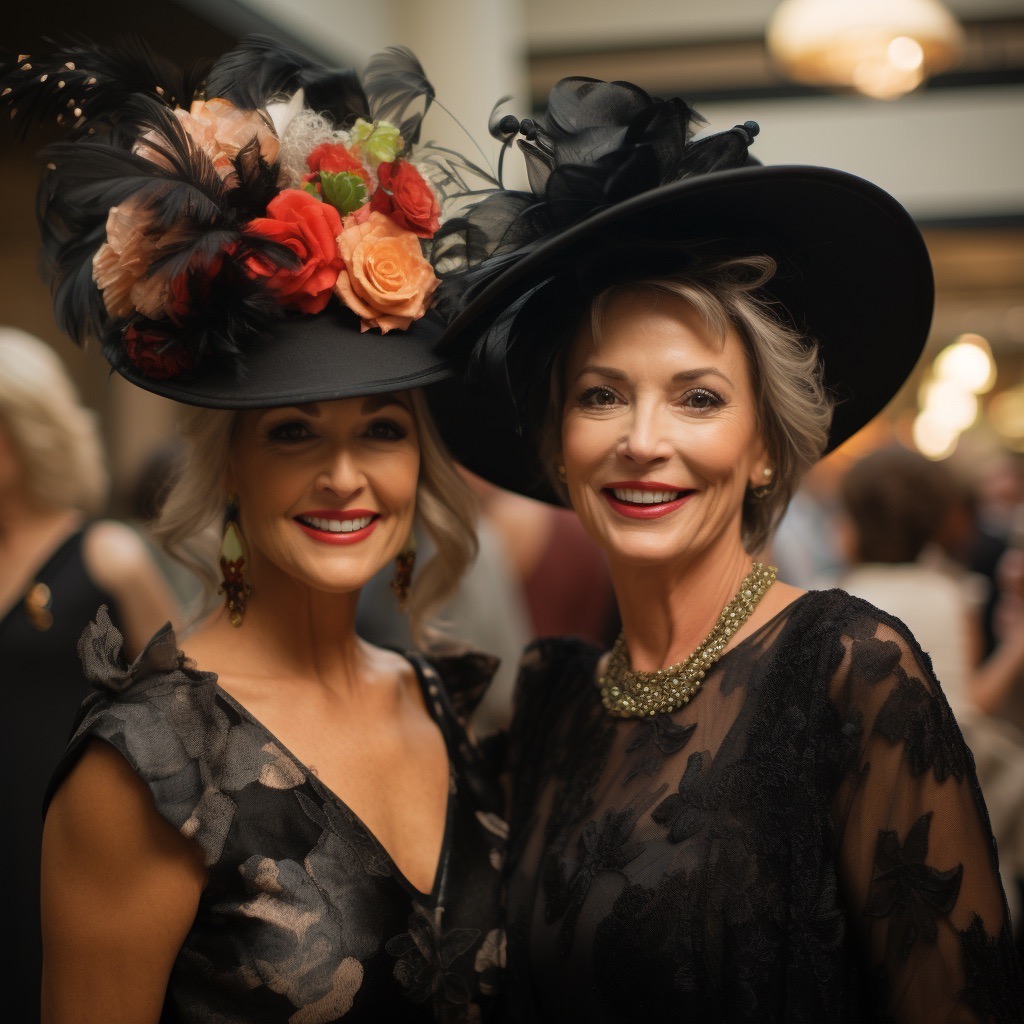 Women wearing race day hats at day at the races fundraiser event.