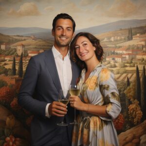 Couple Standing in Front of Tuscany Backdrop at A Fundraiser