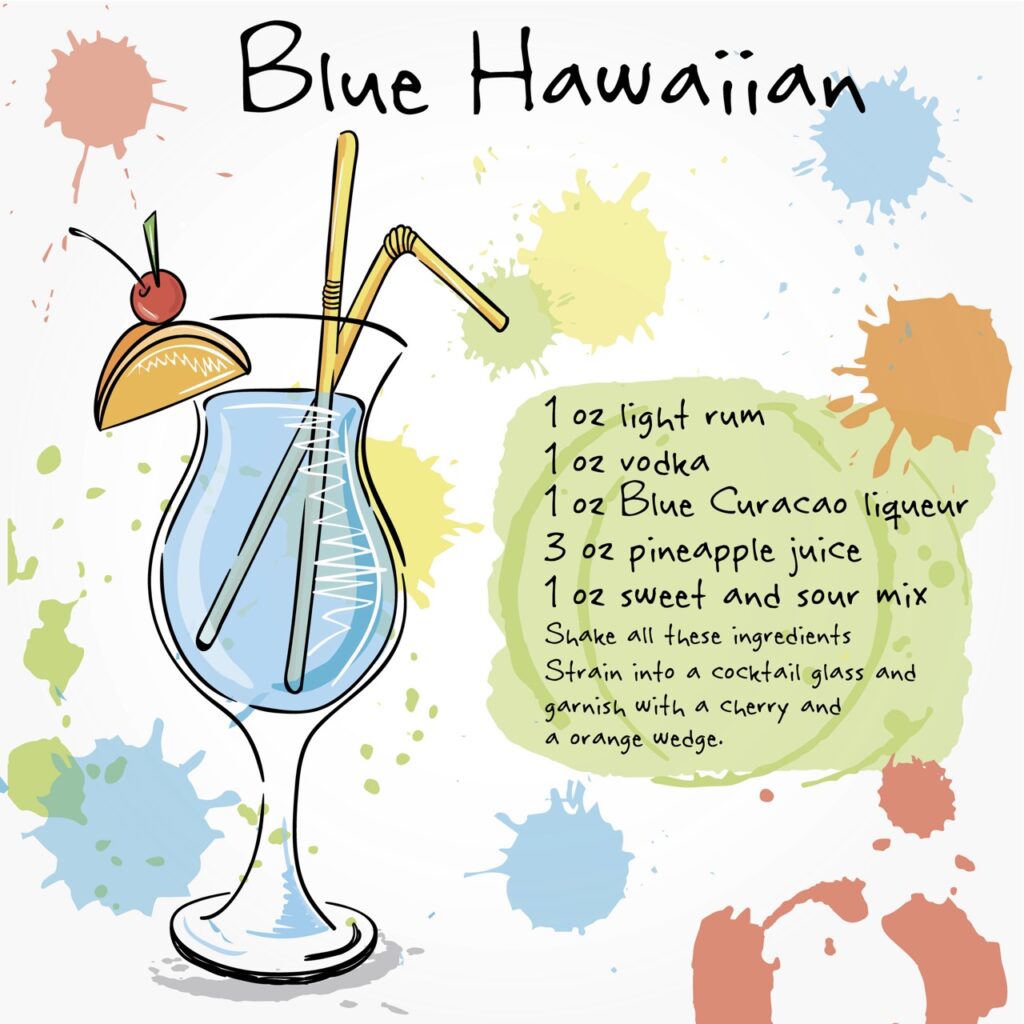 Blue Hawaiian. Hand drawn illustration of cocktail, including recipes and ingredients for Hawaiian Theme Fundraiser