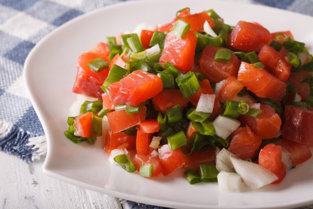 Lomi Lomi Salad—Salmon Salad With Vegetables for Hawaiian Theme Fundraiser