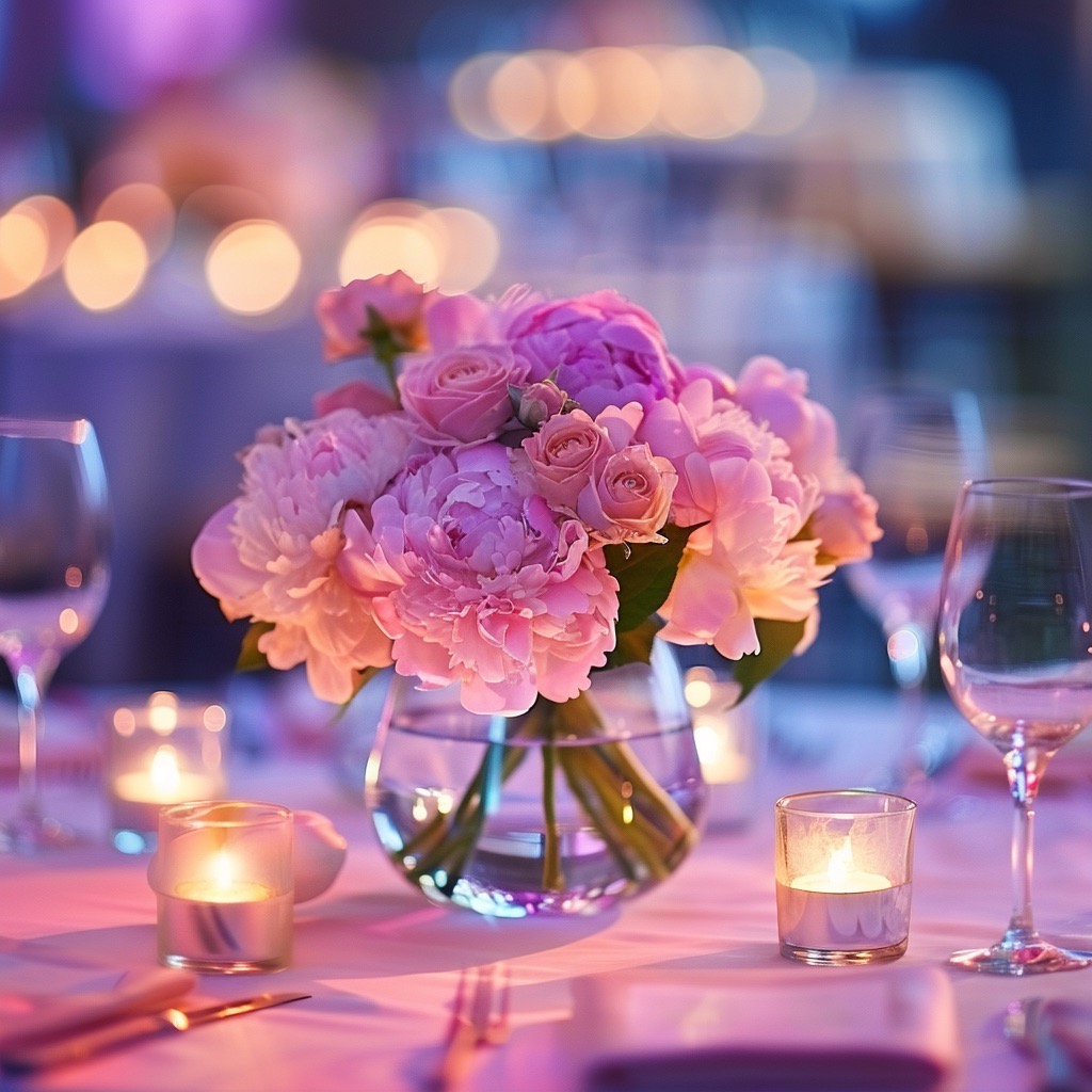 A table set with wine glasses and pink flowers at a Barbie-Themed Fundraiser event