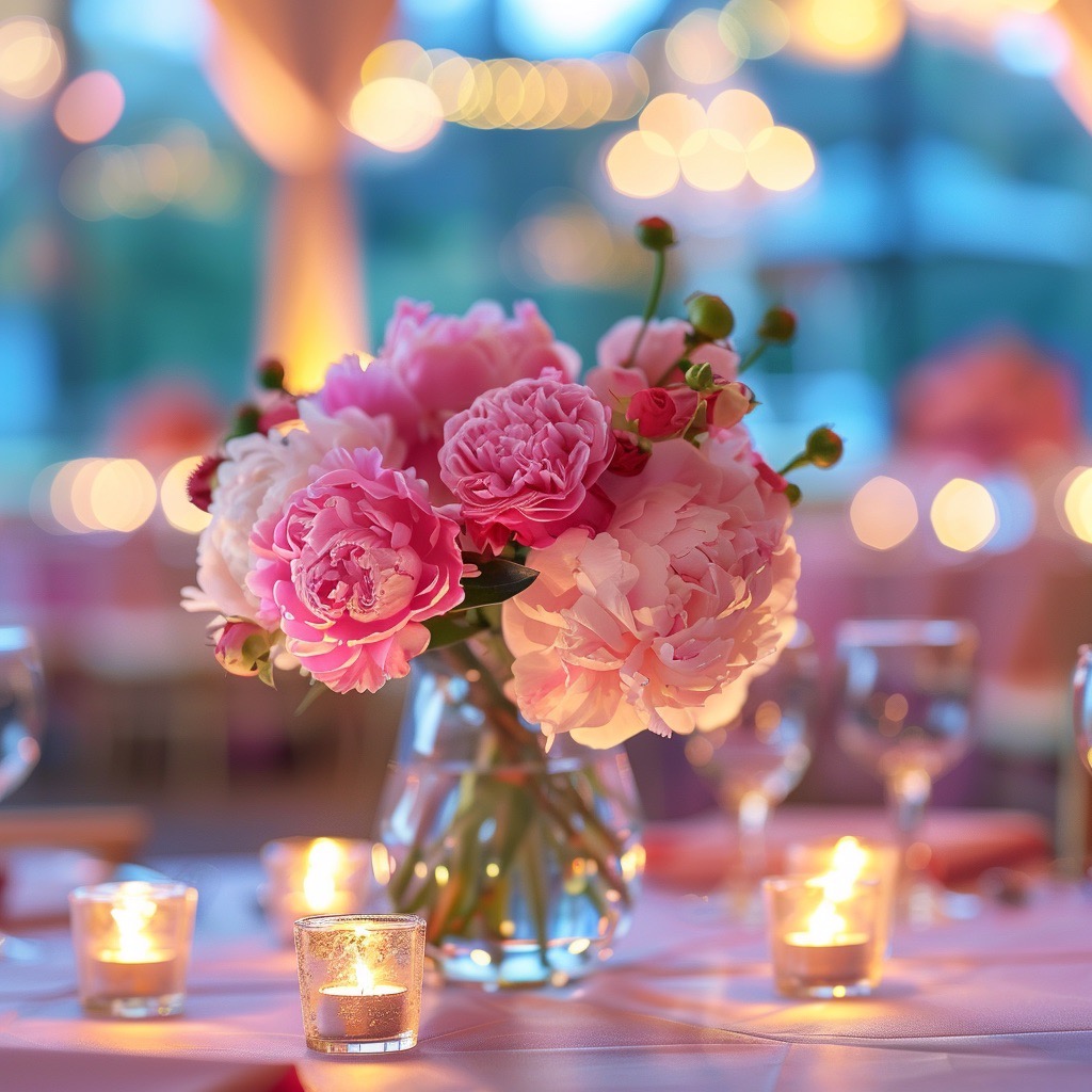 A vase of pink flowers on a table with candles at a Barbie-Themed Fundraiser event