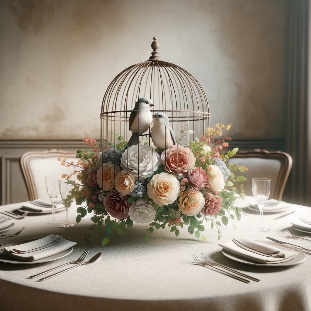 A bird cage with flowers on a table is a great wedding theme fundraiser venue table decor idea