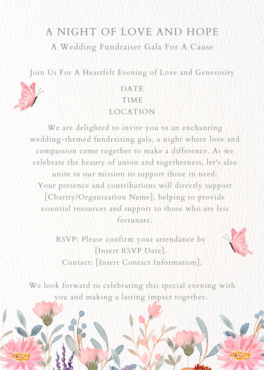 A close up of a invitation card for a wedding theme fundraiser.