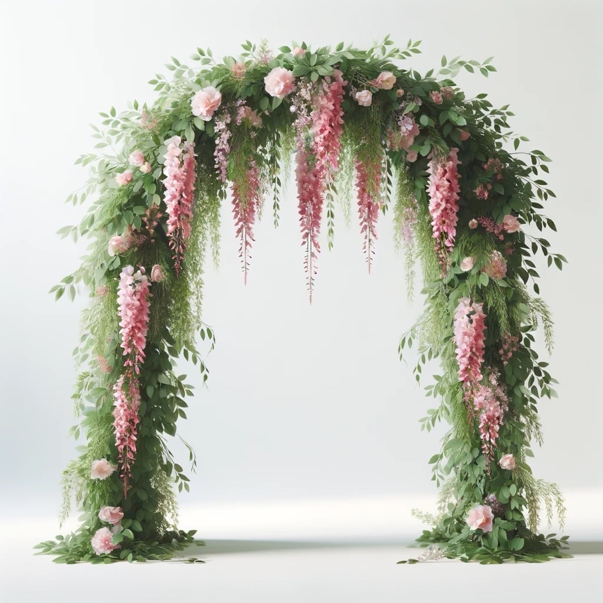 A flower arch with pink flowers is a great wedding theme fundraiser venue decor idea