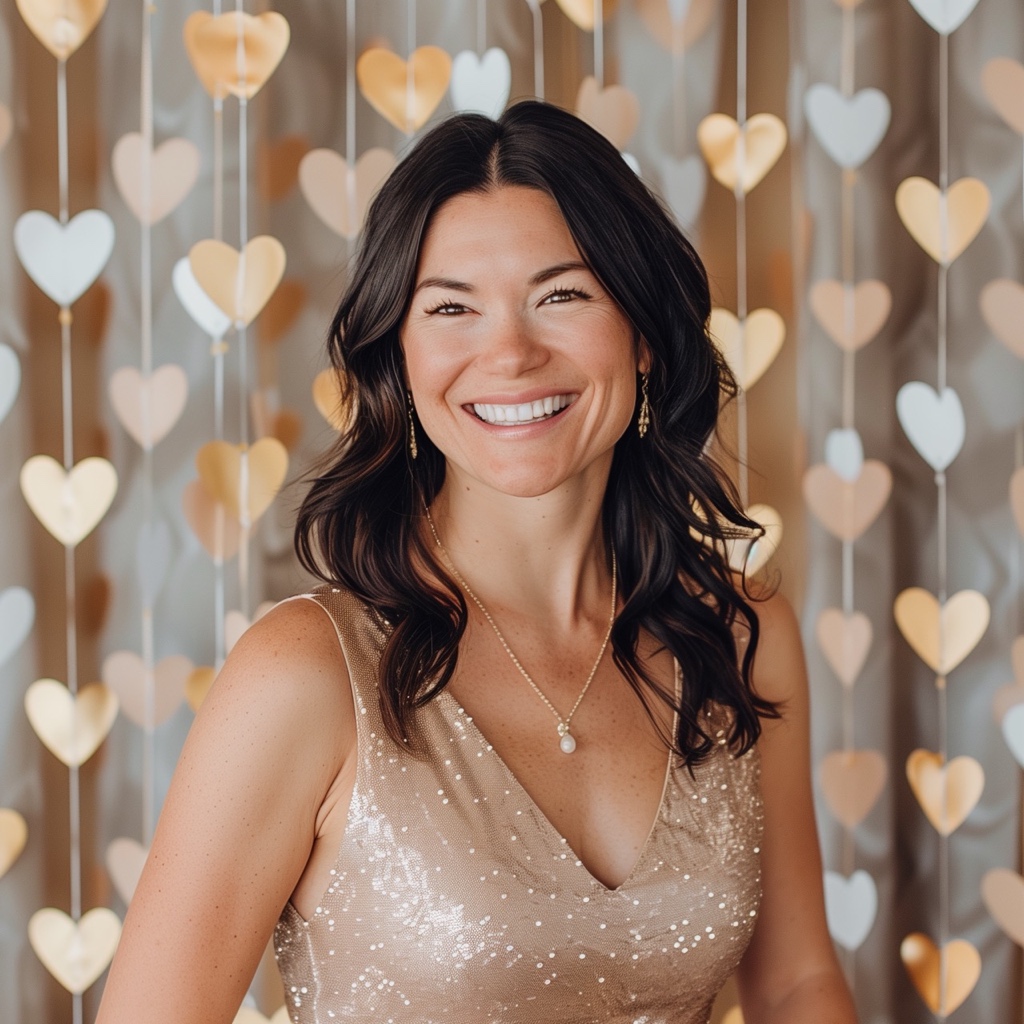 A person smiling in front of heart shaped curtains at a wedding theme fundraiser