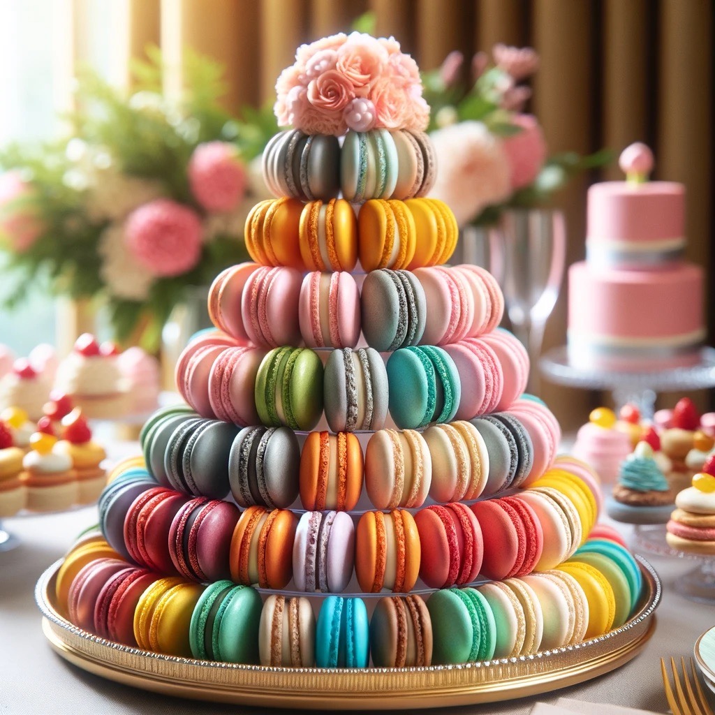 A macaroon tower is a great food idea for a wedding theme fundraising event