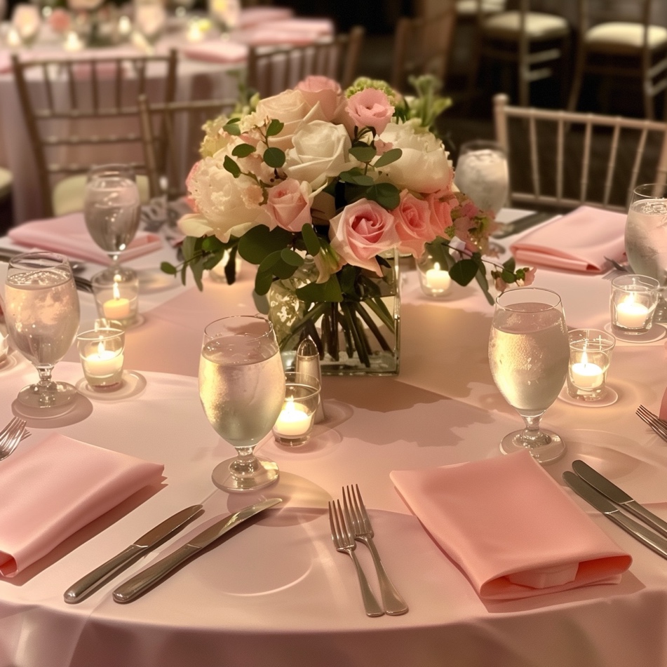 A table set pink and white flowers is a great wedding theme fundraiser venue table decor idea