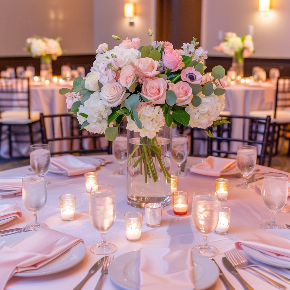 A table set with flowers and candles is a great wedding theme fundraiser venue table decor idea