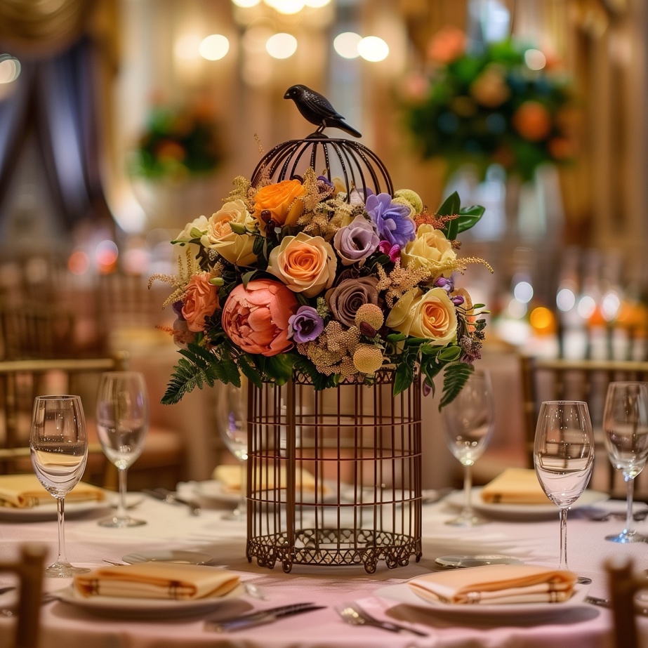 A table set with flowers and a bird is a great wedding theme fundraiser venue table decor idea