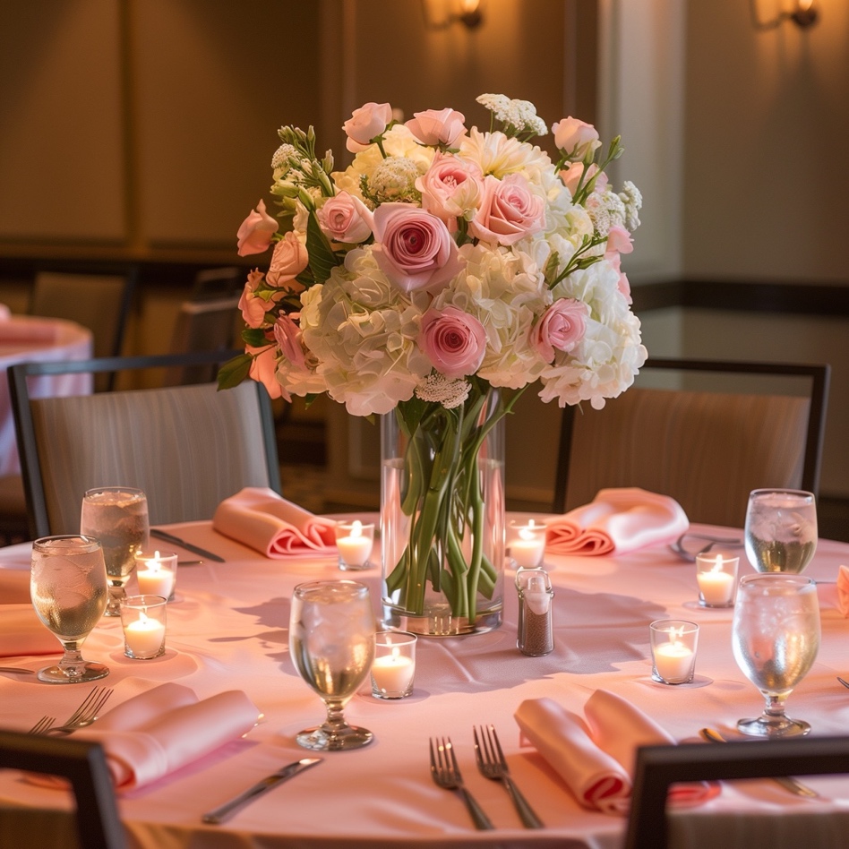 A table set with pink and white flowers is a great wedding theme fundraiser venue table decor idea