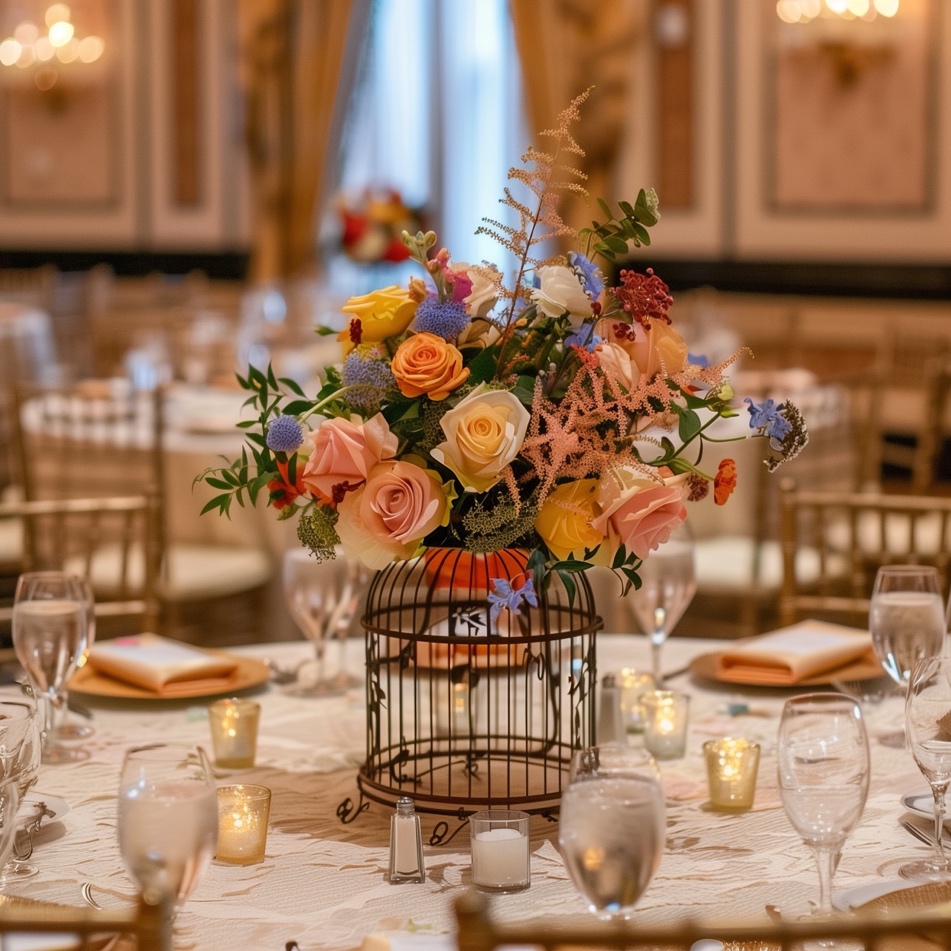 A table set with flowers and a bird cage is a great wedding theme fundraiser venue table decor idea