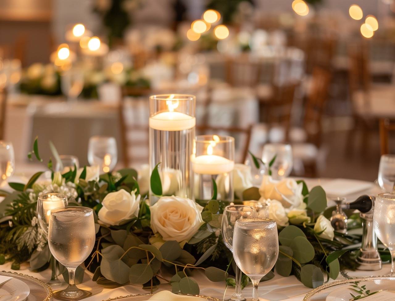 A table set with flowers and candles is a great wedding theme fundraiser venue table decor idea