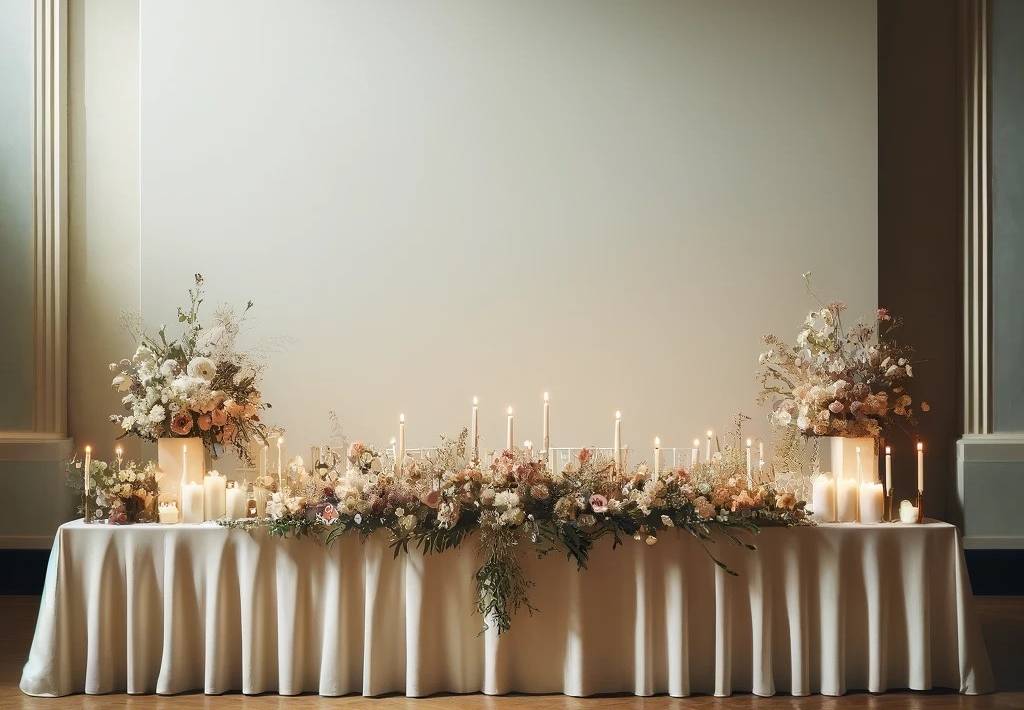 A table with flowers and candles is a great wedding theme fundraiser venue decor idea