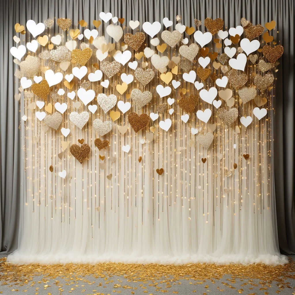 A wall with gold and white hearts is a great wedding theme fundraiser venue decor idea