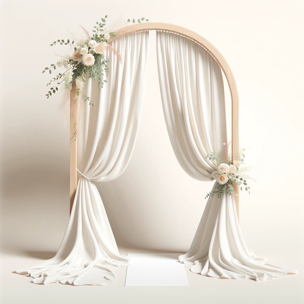 A white arch with white curtains and flowers is a great wedding theme fundraiser venue decor idea