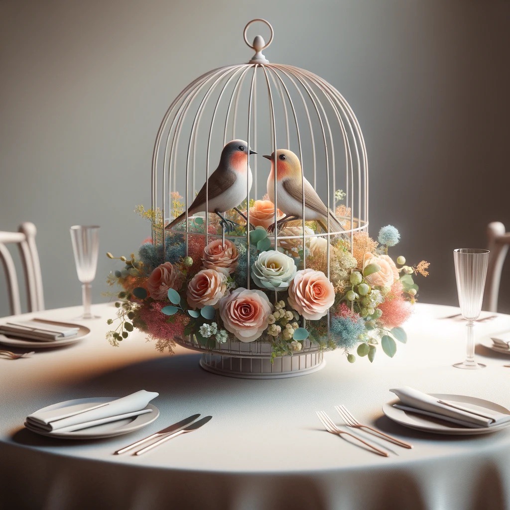 Birds in a cage with flowers is a great wedding theme fundraiser venue table decor idea