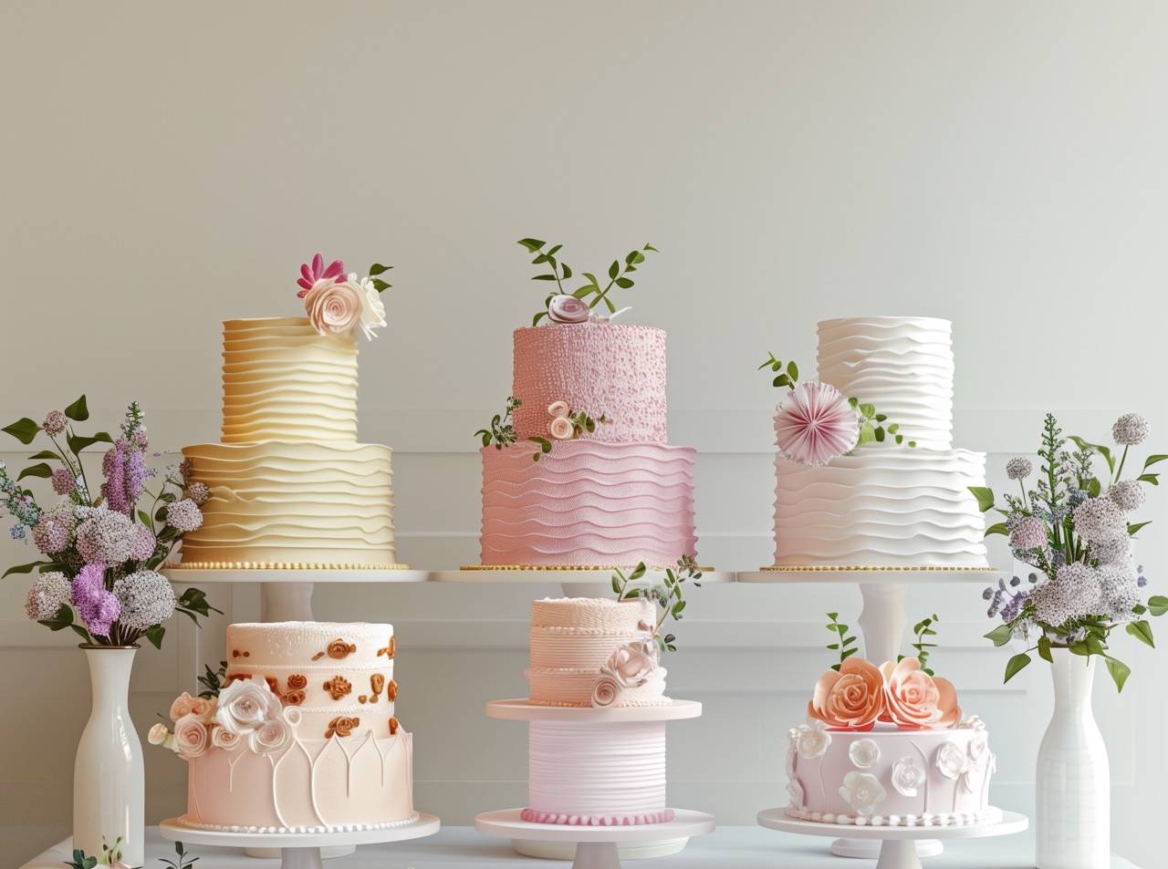 Several tiered cakes with flowers

Description automatically generated