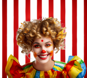 A person in a clown garment Description automatically generated