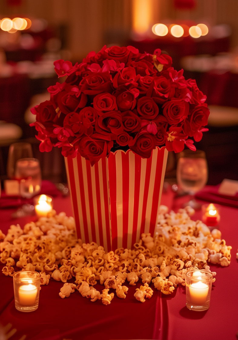 A red and white striped bucket of roses and popcorn are great Table Décor for a circus fundraiser theme.