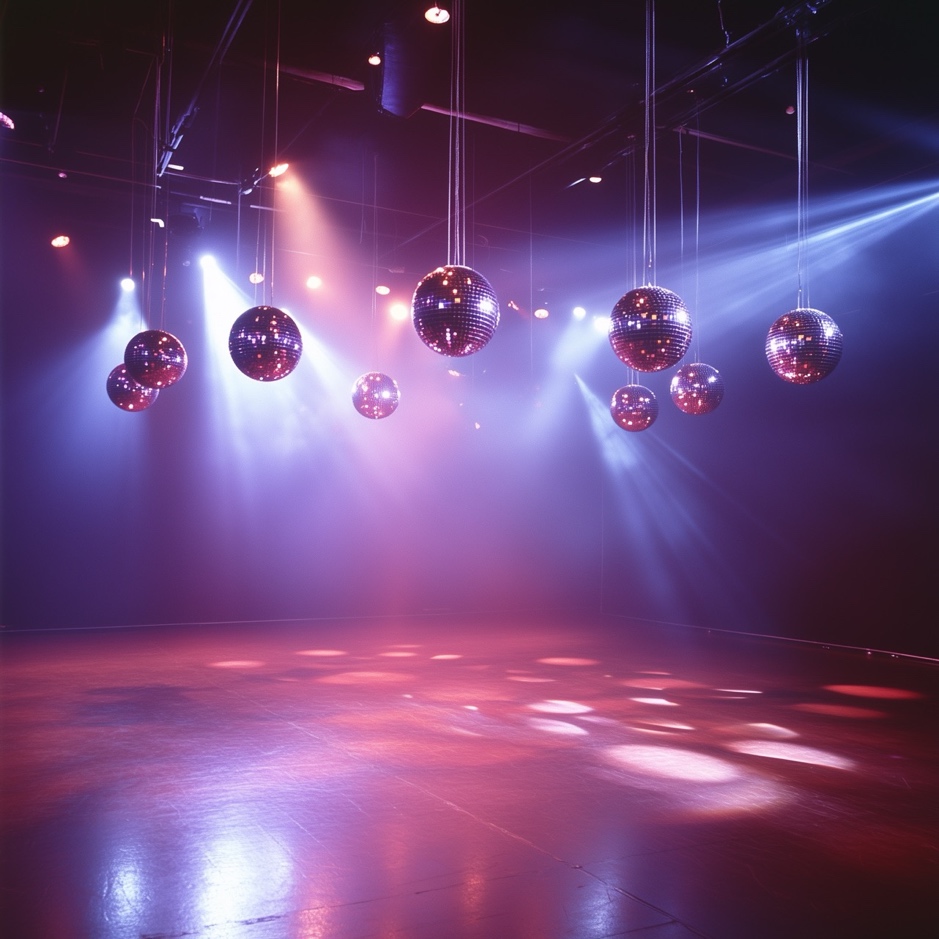 A disco ball lights from the ceiling for a prom themed fundraiser.