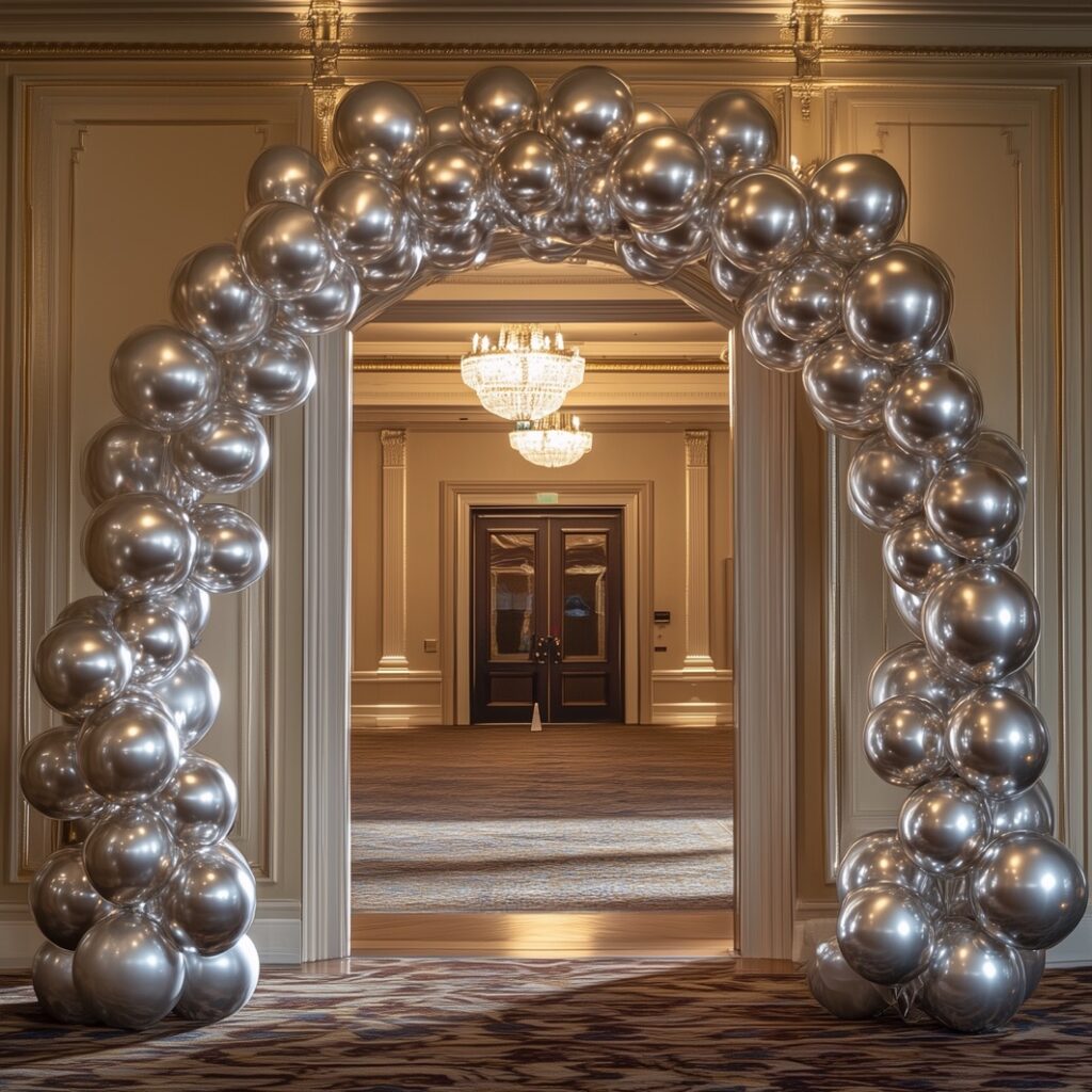 Balloon arches and centerpieces at the entrance of the ballroom give a festive vibe.