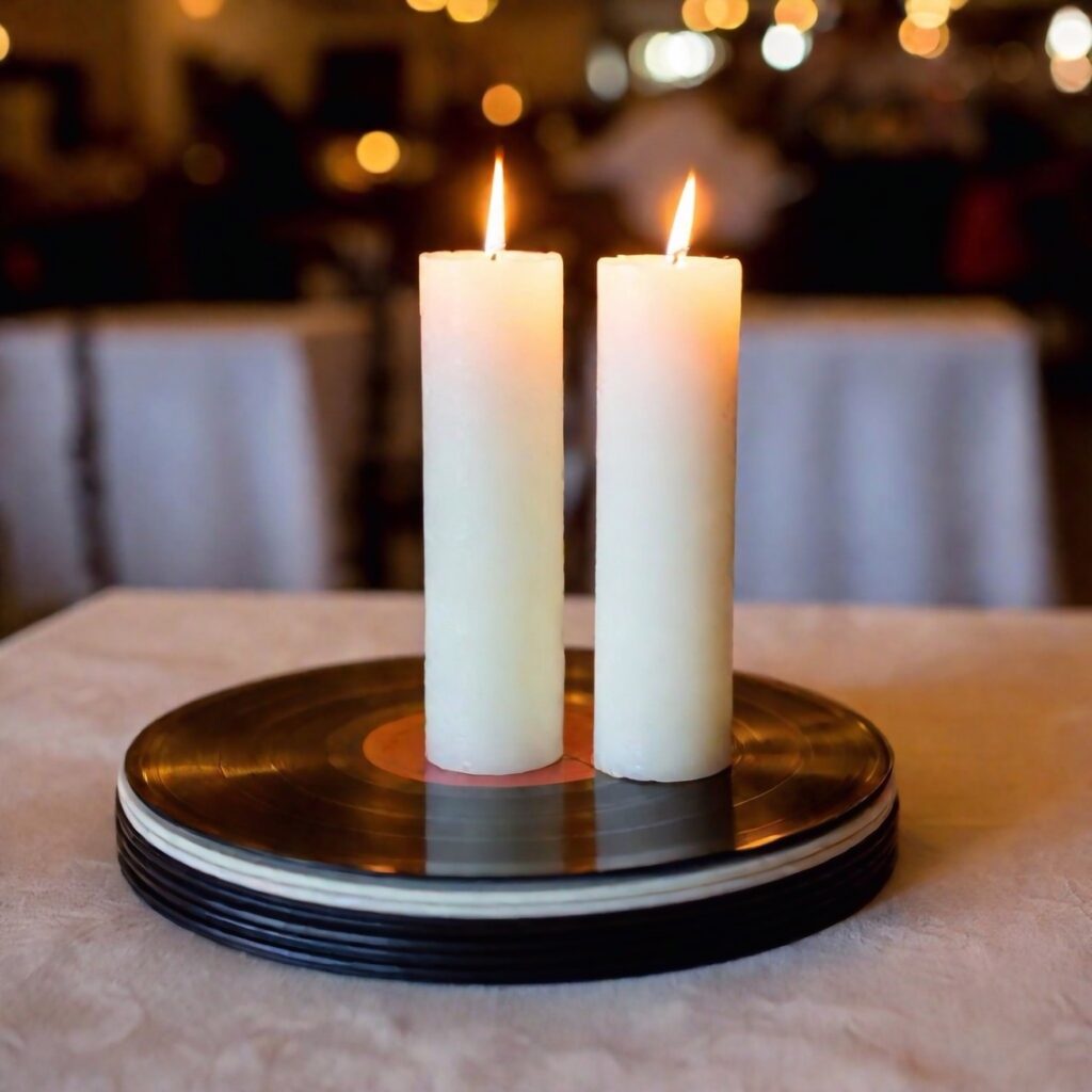 A pair of candles on a plate is a great British inspired fundraiser theme display.