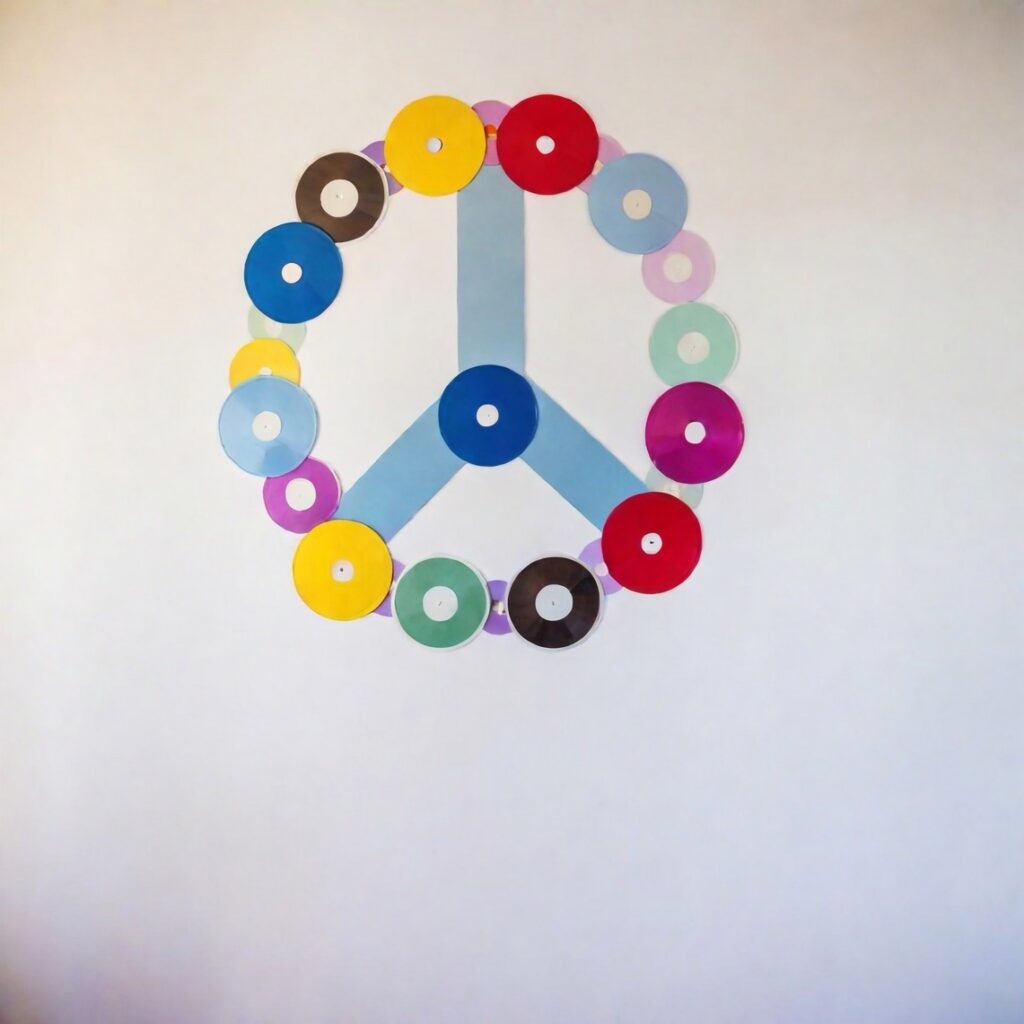 A peace sign made of cd's British inspired fundraiser theme.