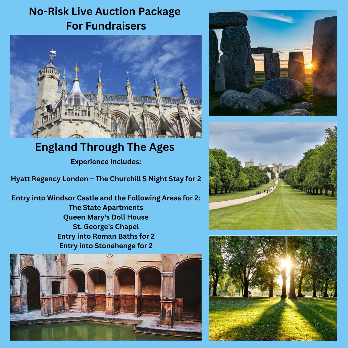 No risk live auction package for fundraisers. England Through The Ages.