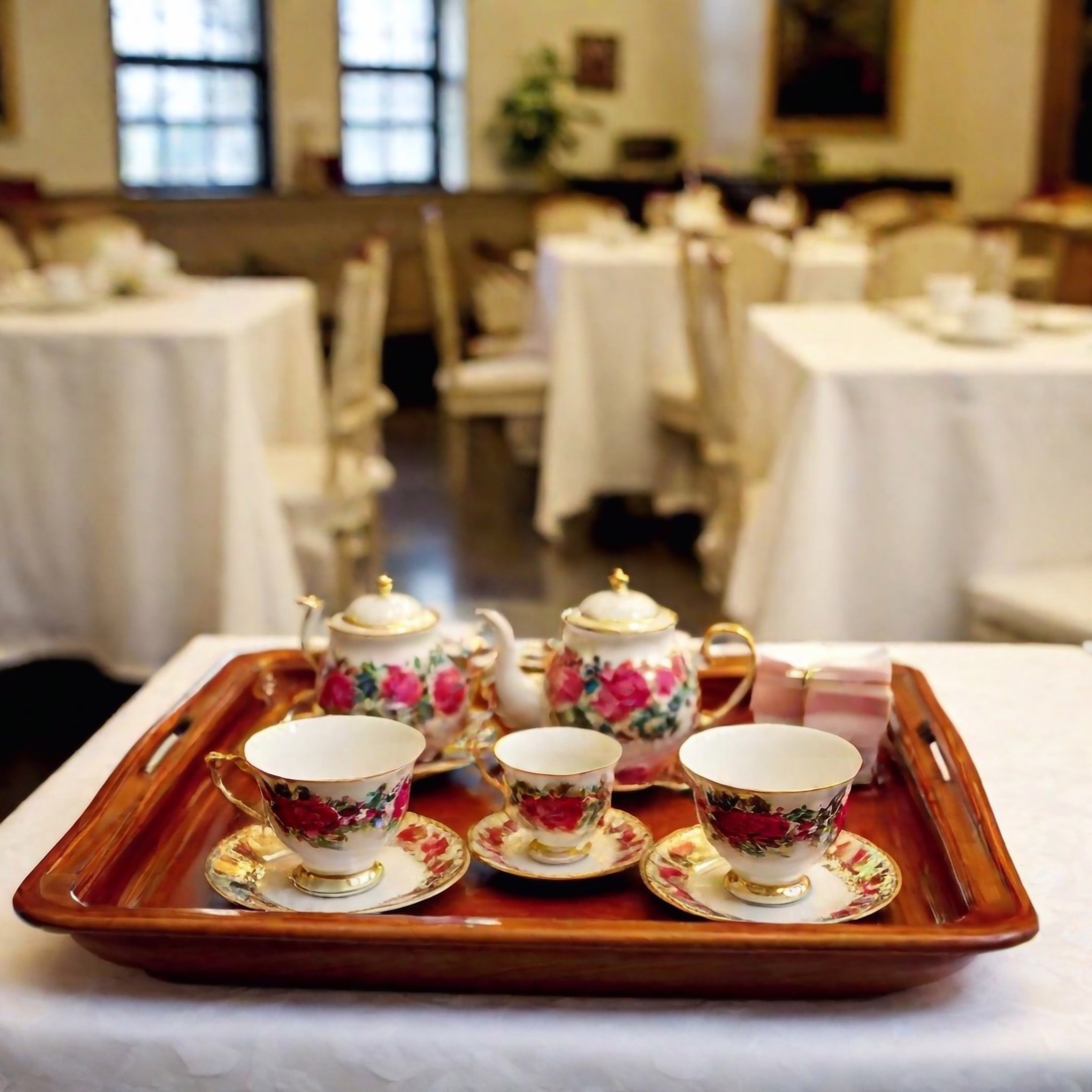 A tray with teacups and teapots on it is a great British inspired fundraiser theme display.