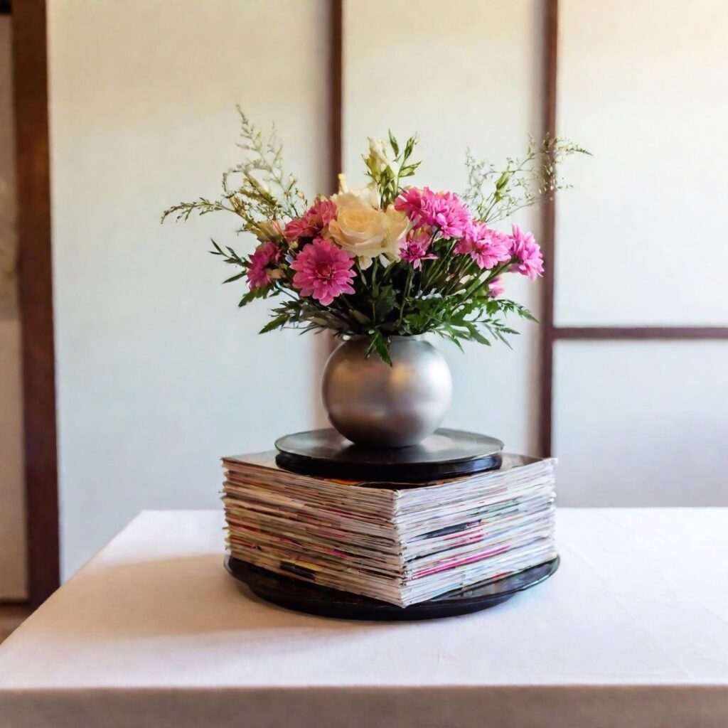 A vase of flowers on a stack of magazines makes a great British inspired fundraiser theme display.