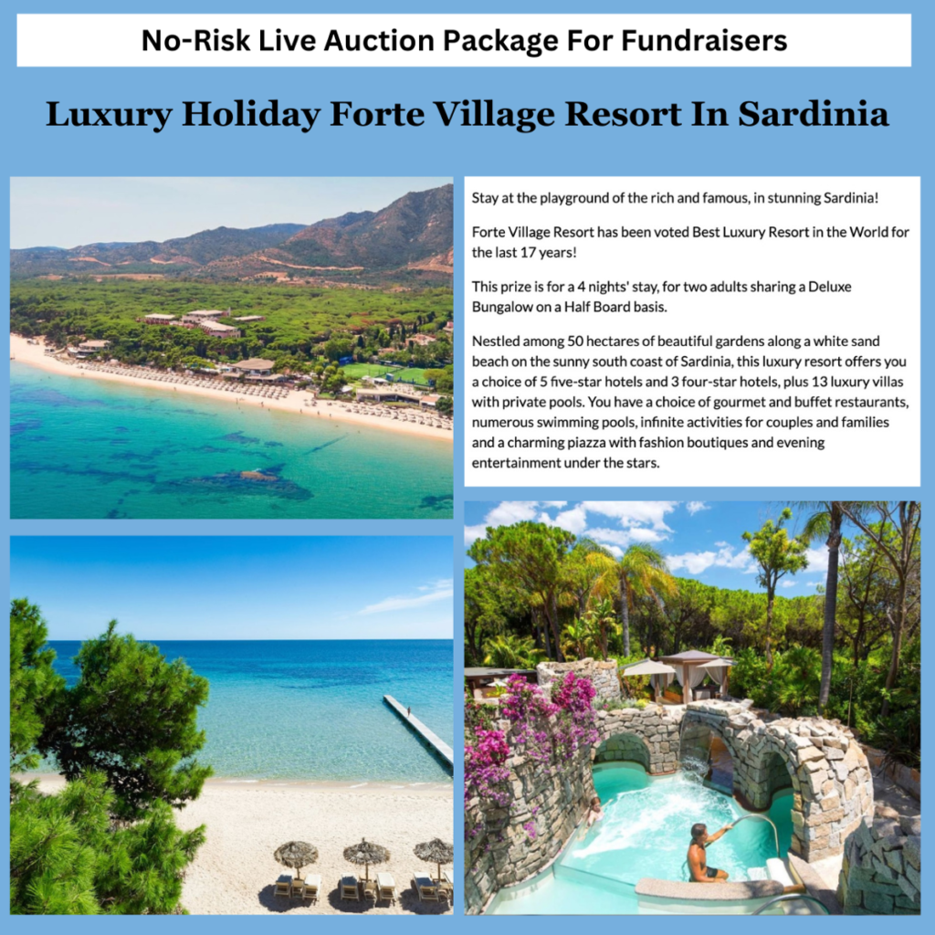 Fort Village Resort in Sardinia live auction package Ideas for a sand and sea fundraiser.