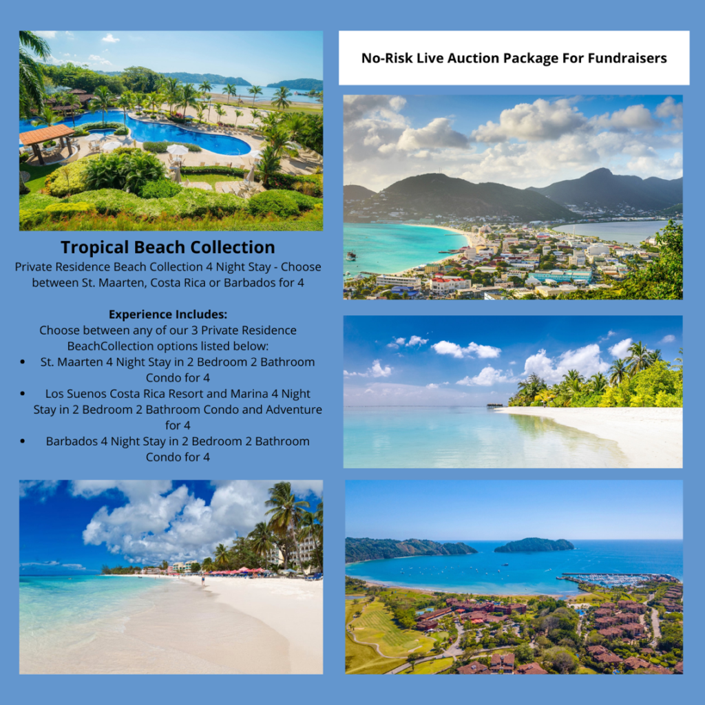 Tropical beach collection live auction package Ideas for a sand and sea fundraiser.