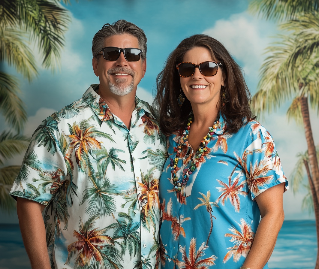 A man and woman wearing Hawaiian shirts for a Sand and Sea Fundraiser