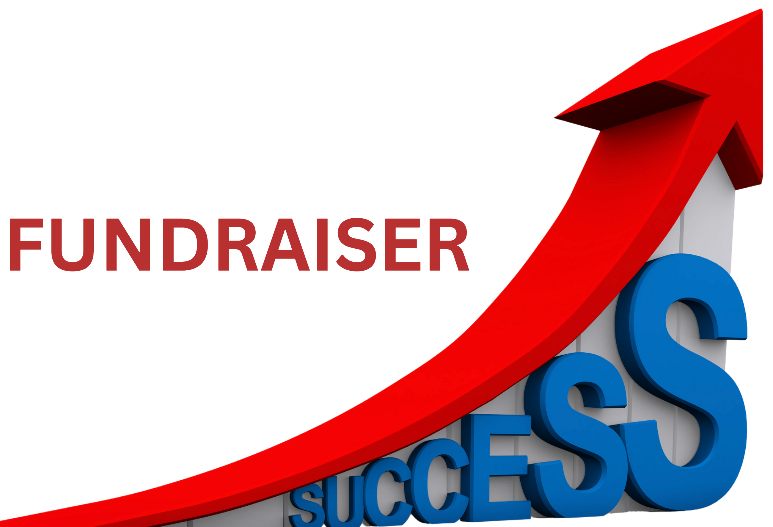 A red and blue arrow pointing up saying fundraiser success.