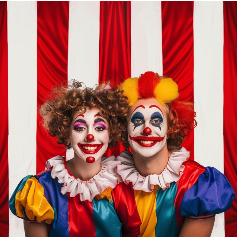 A couple of clowns in front of a red and white striped curtain for a circus-themed photo booth.