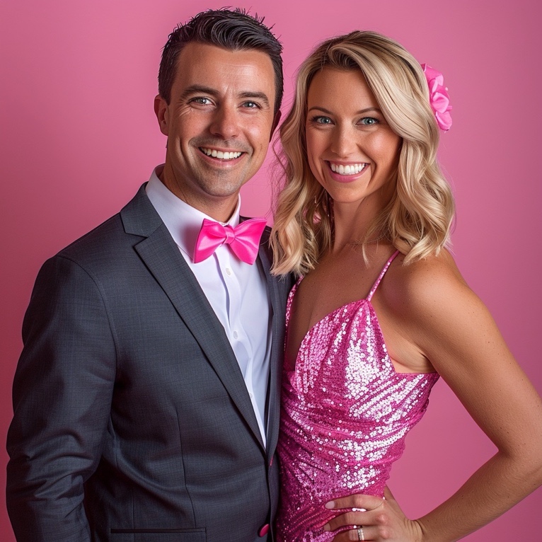 A man and woman in pink posing for a picture at a Barbie-Themed Fundraiser event
