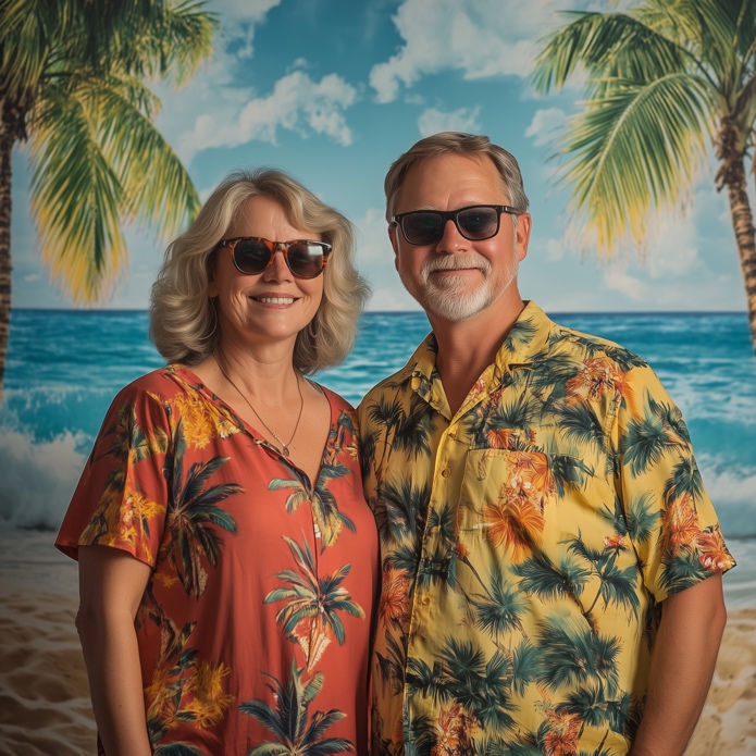 A man and woman standing in front of a beach as part of a sand and sea fundraiser photo booth theme.