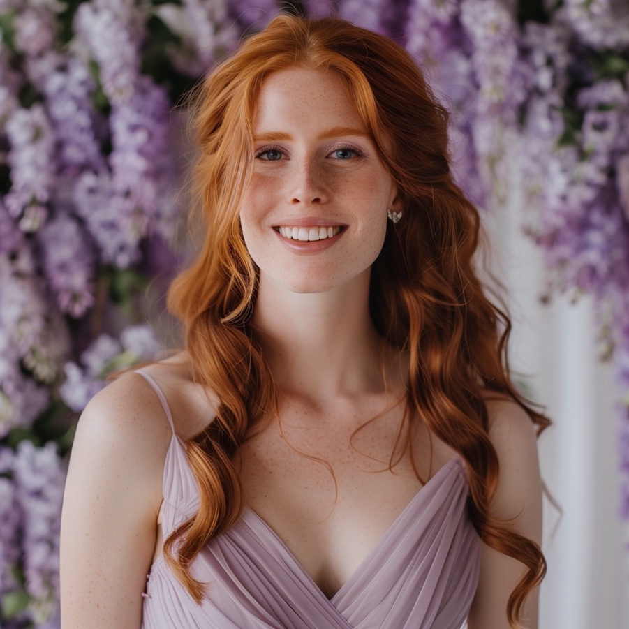 A woman in a dress posing at a wedding theme fundraiser photo booth