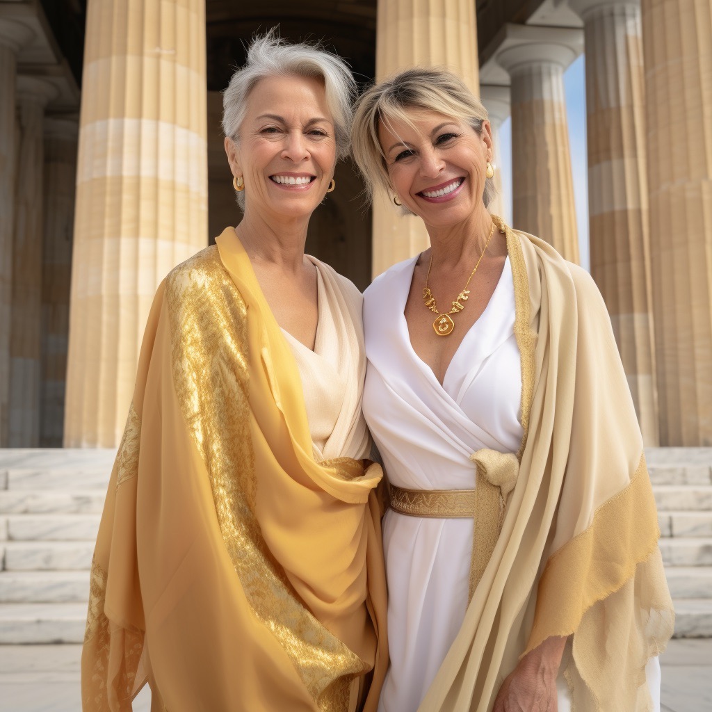 Ladies Dressed In Greek Costume for a Greece fundraiser theme photo booth.