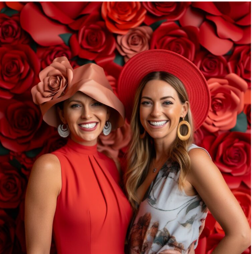 Two women with a roses backdrop in a fundraiser photo booth.