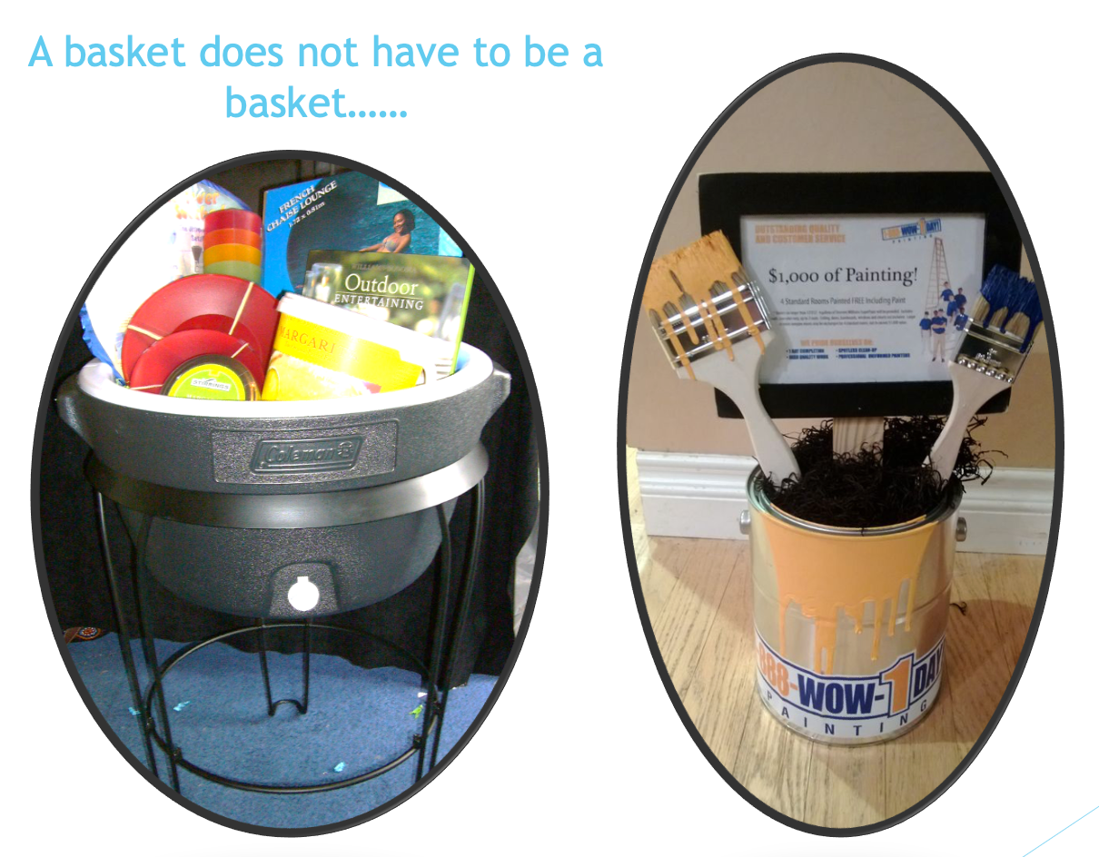 A basket with paint brushes and a bucket of paint make great display baskets for an auction.
