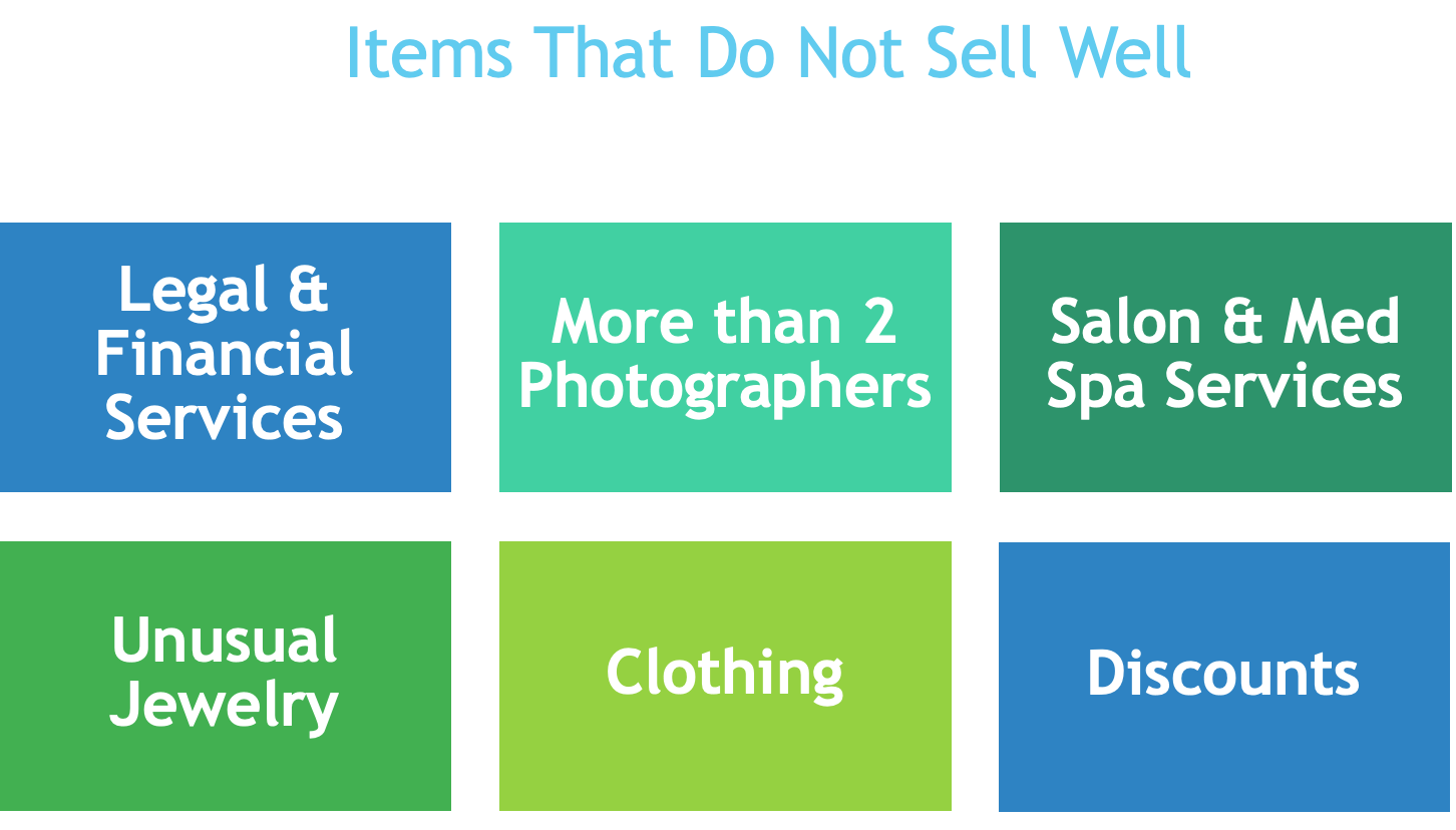 A group of squares with text that shows items that don't sell well at slient auctions.

AI-generated content may be incorrect.