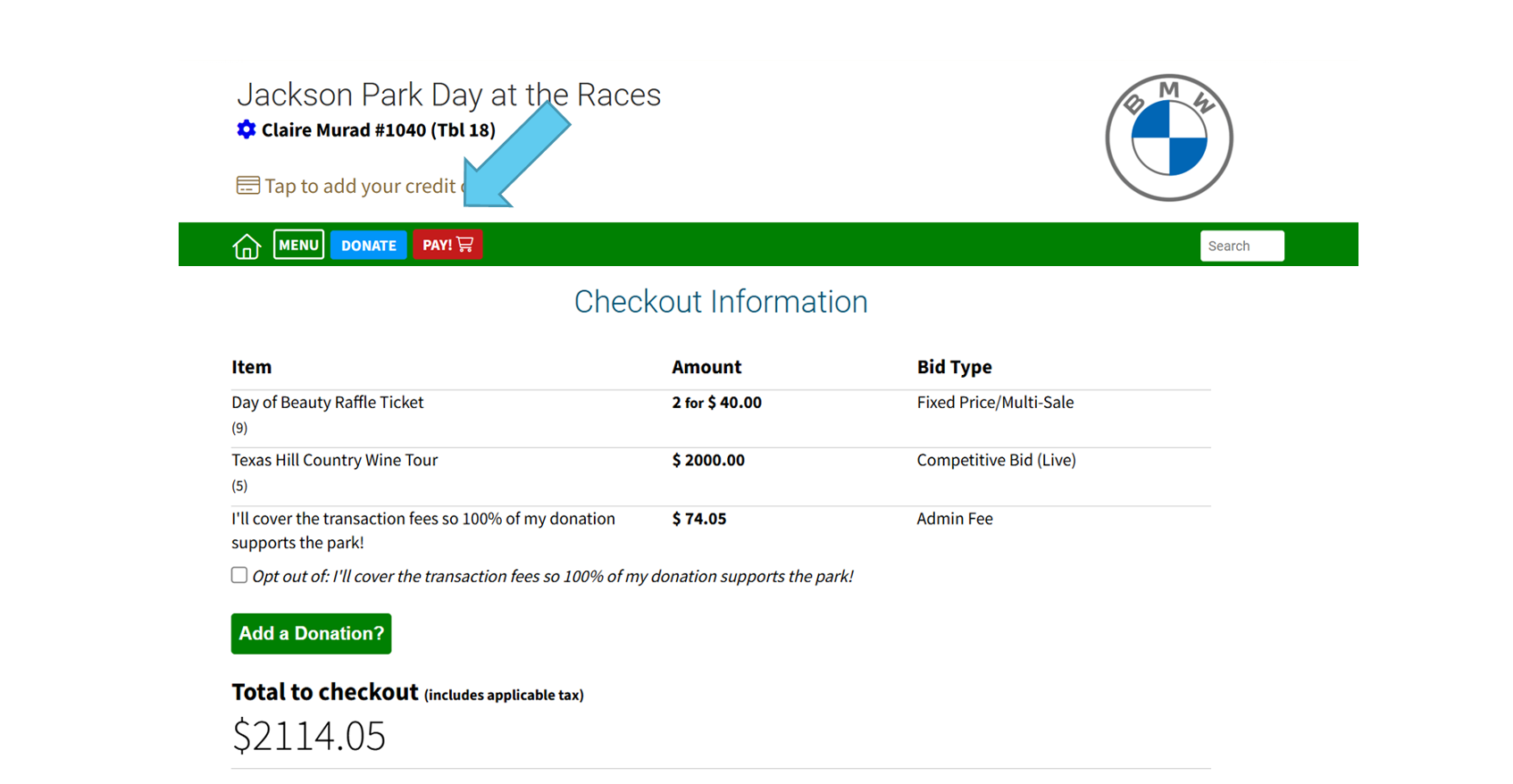 A screenshot of a checkout page for a slient auction.