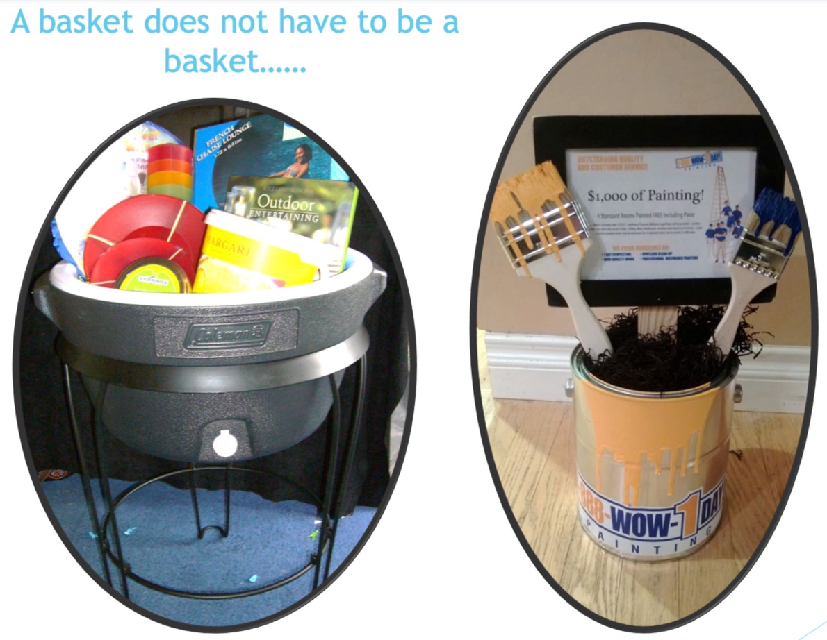 A fundraising basket with a bucket of paintbrushes and outdoor items