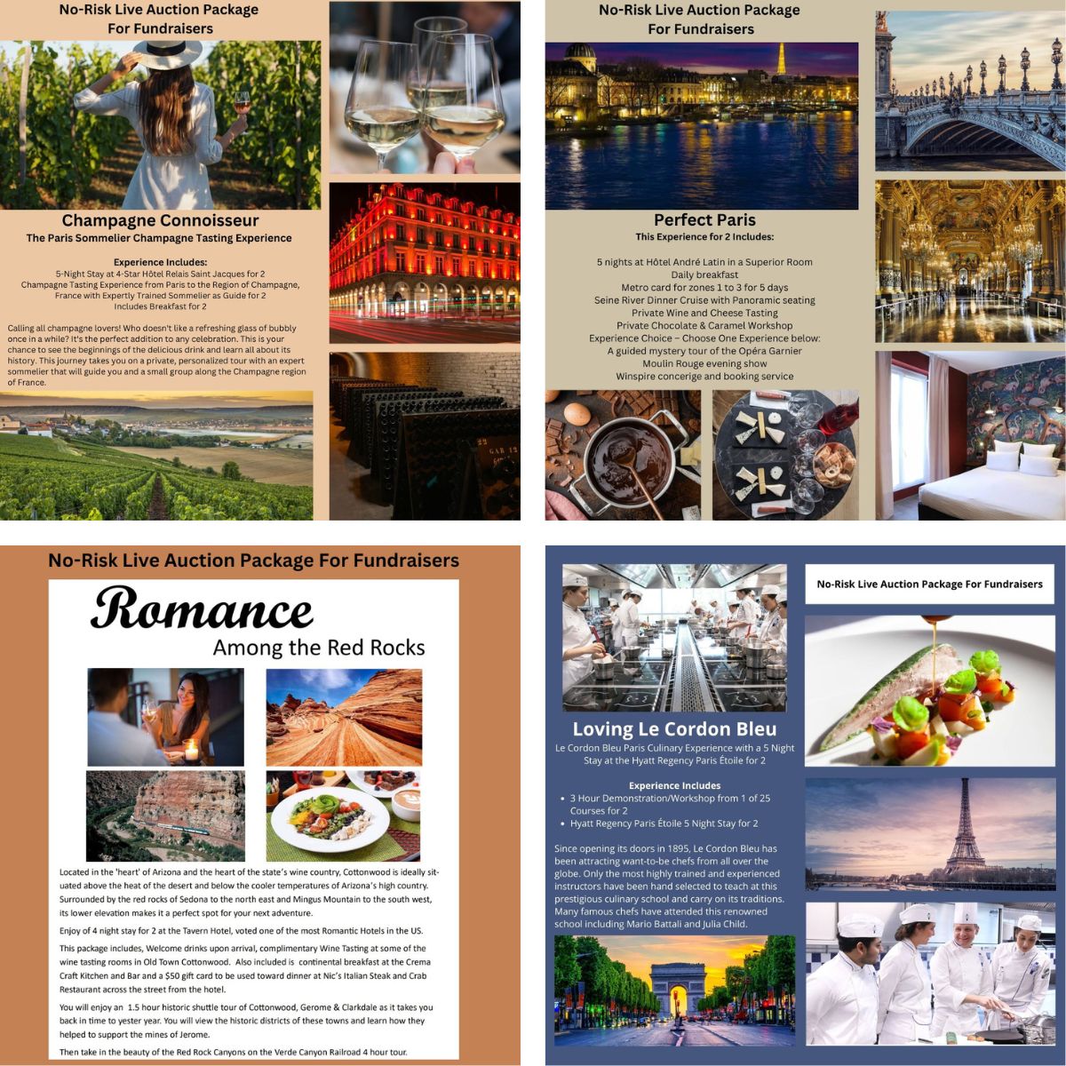 A collage of no risk live auction package travel experiences for fundraisers