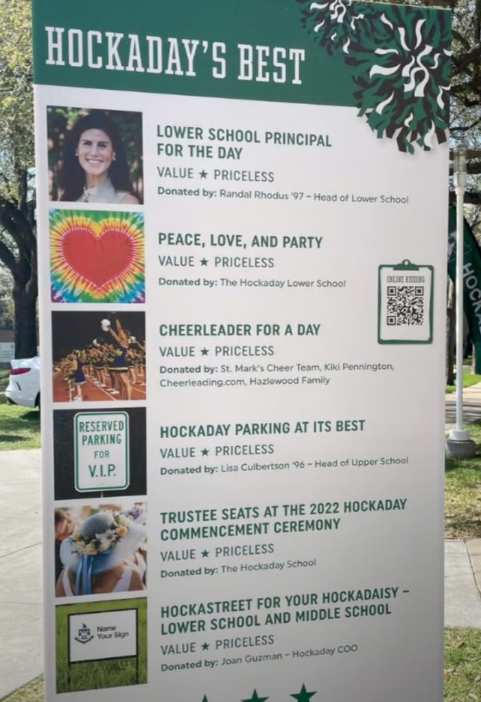 A fundraising event sign with images and text