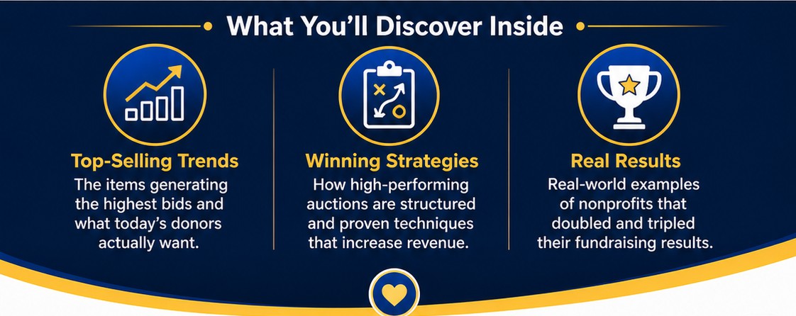 Infographic showing live auction trends, strategies, and nonprofit fundraising results
