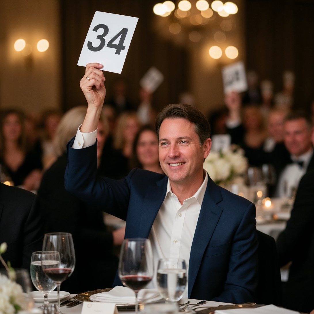 Auctioneer selling popular experience package to multiple winning bidders
