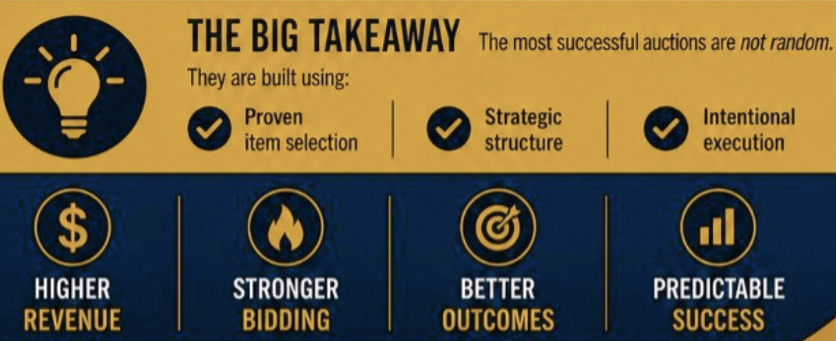 Live auction fundraising strategy infographic showing higher revenue, stronger bidding, and predictable success